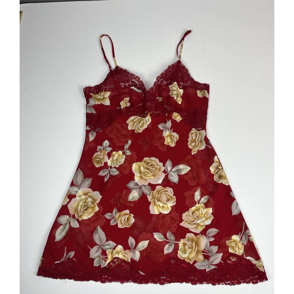 Vintage 90s Victoria's Secret Red Floral Print Chemise‎ Nightgown Sz S